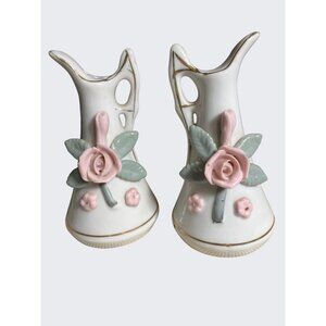 Vintage Ceramic Floral Salt & Pepper Shakers - Rose Design Gold Accents Set Of 2